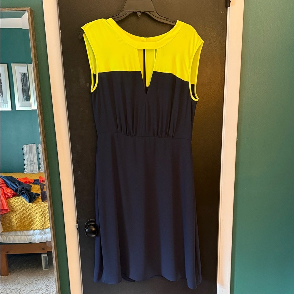 BCBG sz. 8 vintage NWT Women's Two-Tone Navy and Yellow Cap-Sleeve Dress